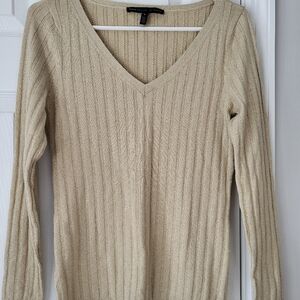 White House Black Market Beige With Gold Metalic Ribbed V-Neck Sweater